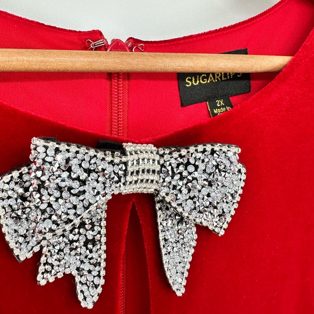 Sugarlips Glow Bow Velvet Mini Dress in Red size 2X Rhinestone Embellished - Picture 5 of 10